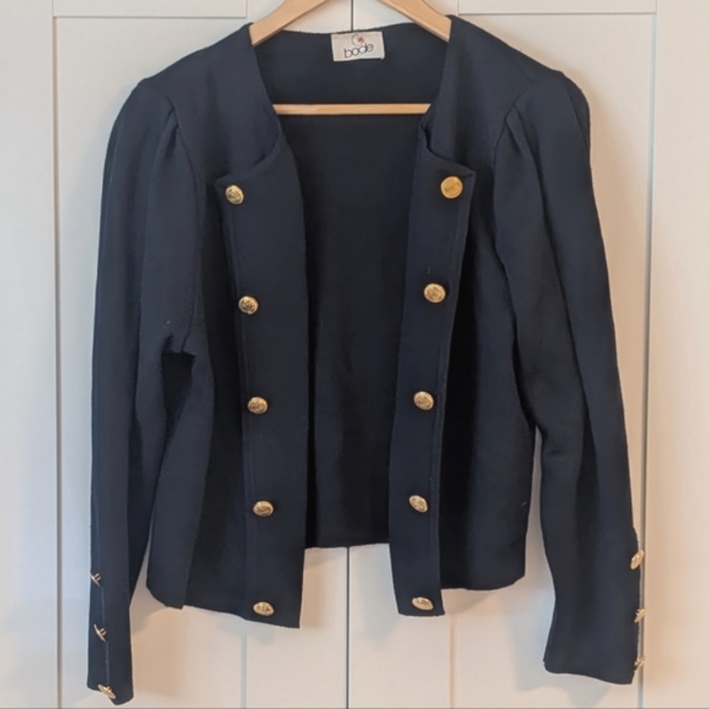 Vintage Women's Bode Wool Navy Blue Cardigan with Gold Buttons